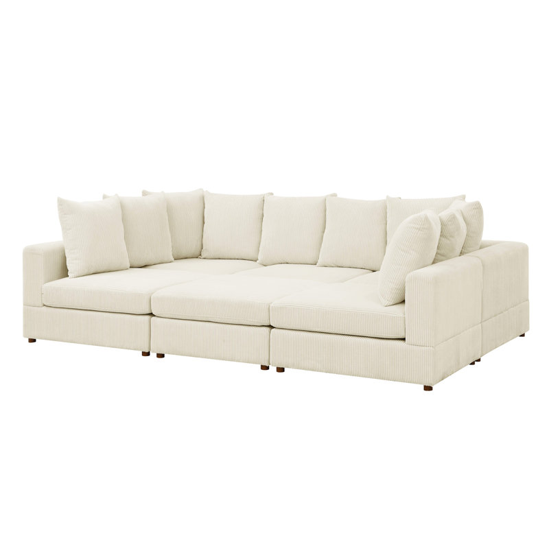 Modular 6 - Seat Corduroy Sectional For Entertaining Space, Engineered Wood Frame, Sinuous Spring, 36 In Height Piece Relaxing, Cream Color, Coil And Low Profile Legs, 116.5 Width