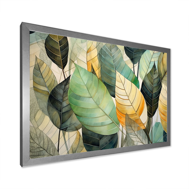 Feuilles vertes et jaunes tranquillité sur toile, H 12 po x l 20 po x P 1 po, Cadre simple argenté