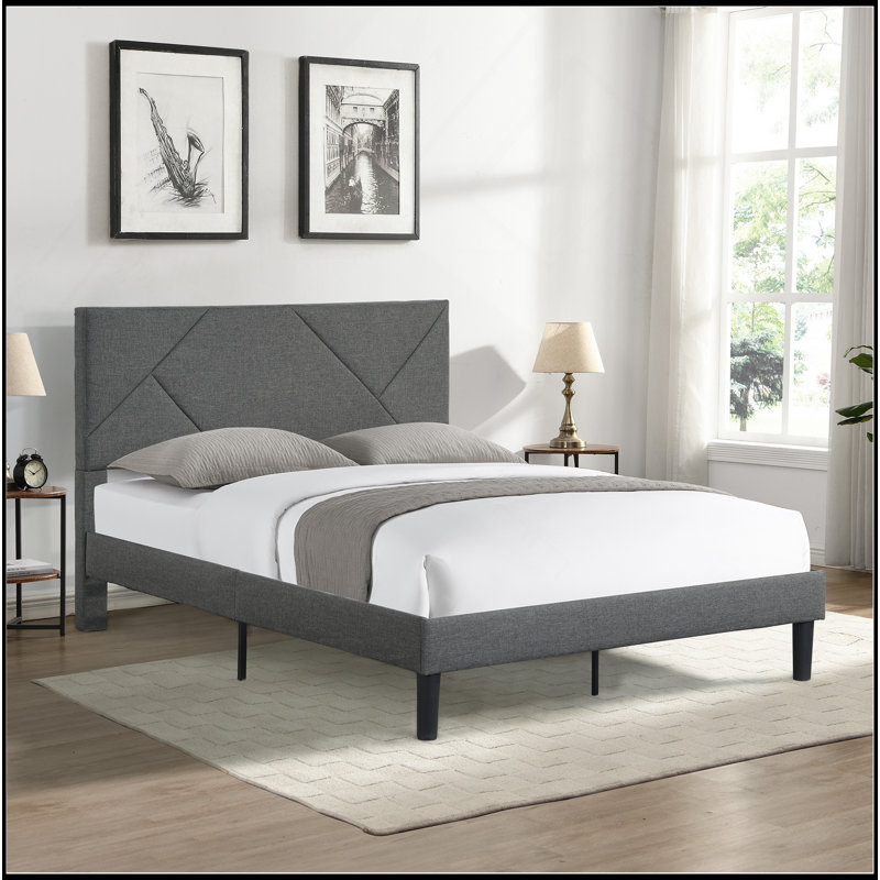 Structure de lit double tapissier pleine grandeur avec tête de lit, support de lattes en bois massif, sommier à ressorts, aucun sommier requis, assemblage facile, gris