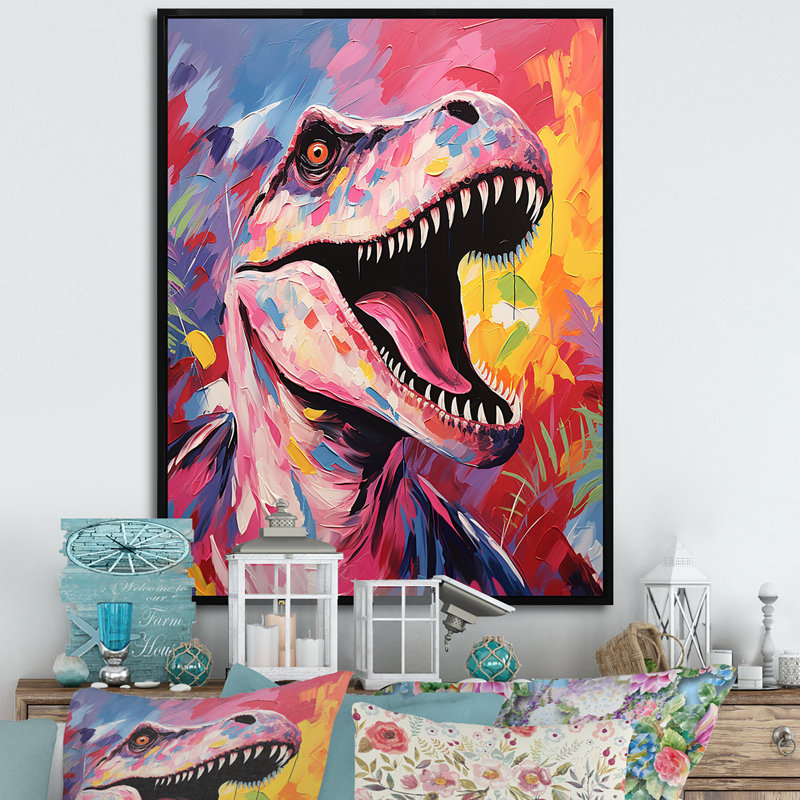 Popart Dino Elegance - dinosaure, art mural, Cadre flottant noir, H 44 po x l 34 po x P 1,5 po