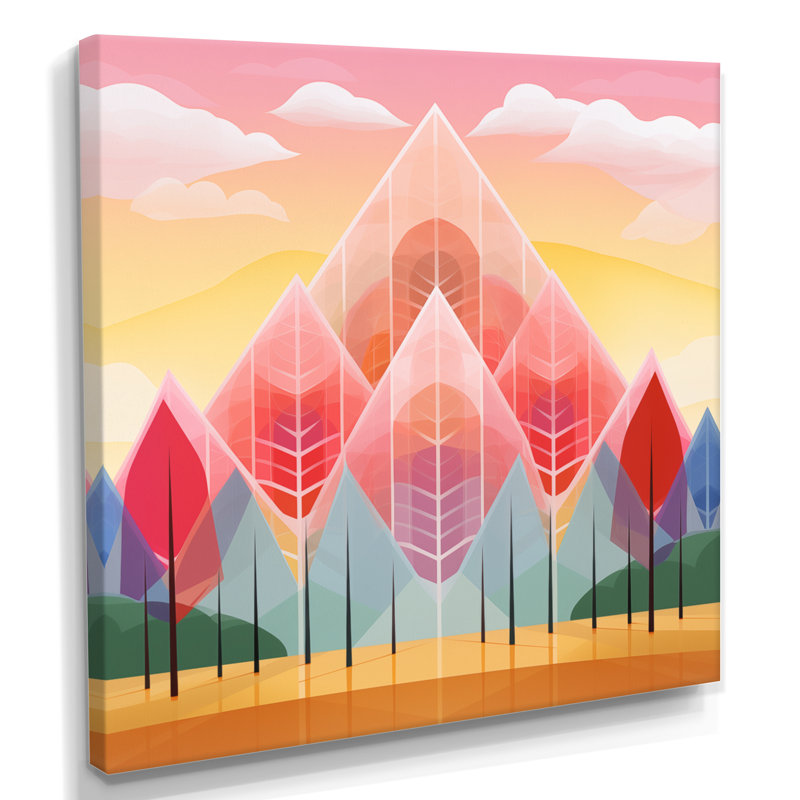 Red Diamond Retro Trees - Reproduction d'art abstrait paysage mural, Toile tendue, H 16 po x l 16 po