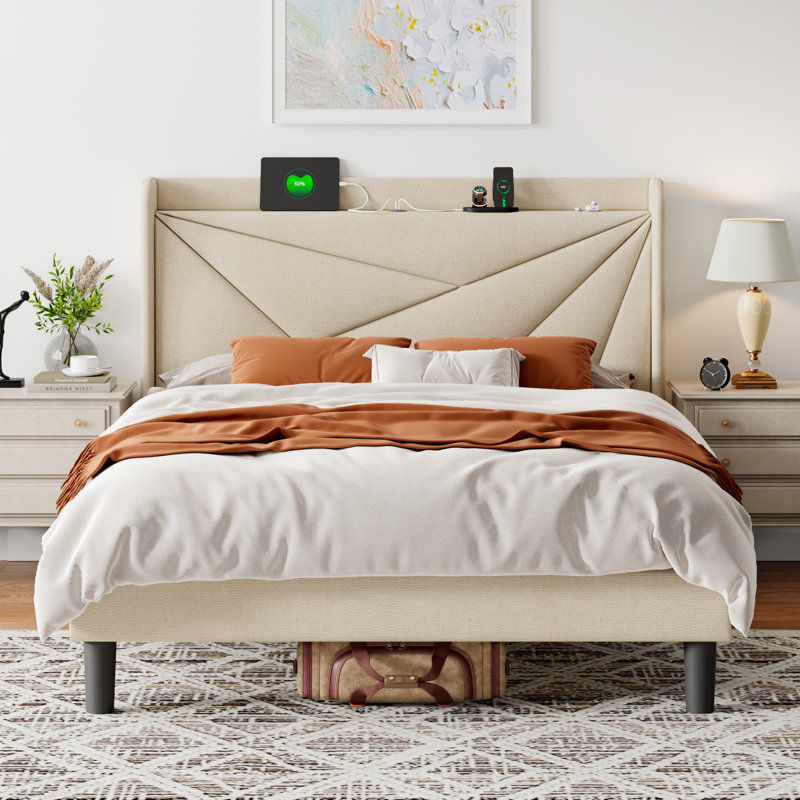 Halence Upholstered Storage Bed Frame with Wingback Headboard, Charging Station, Beige, Full / Double