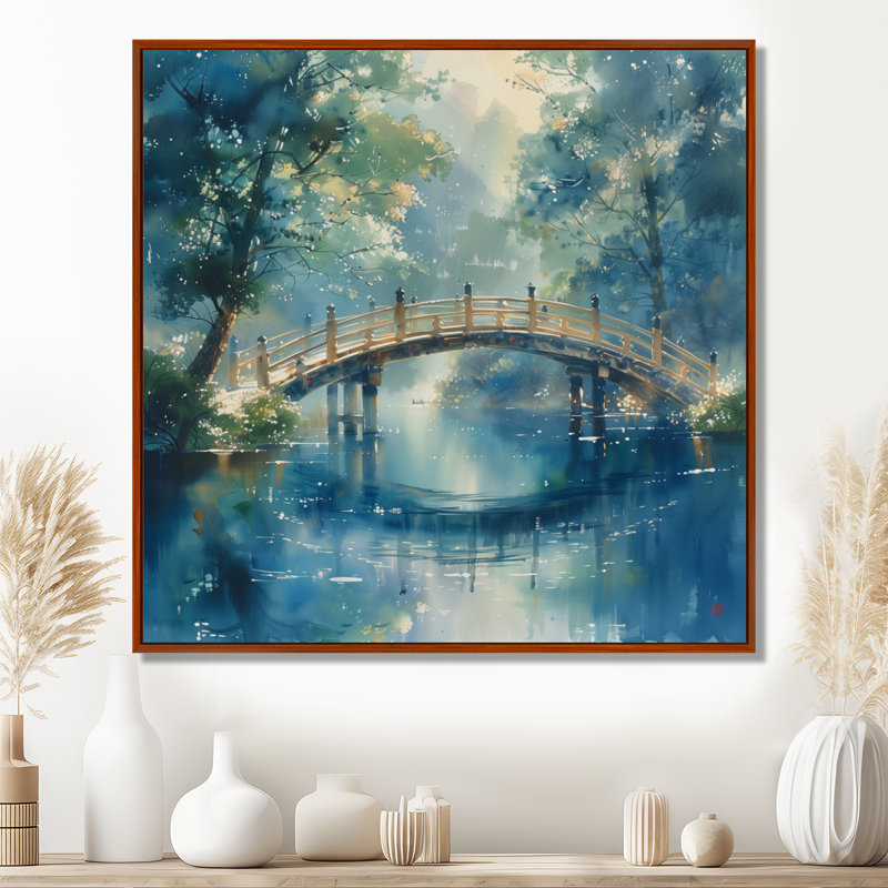 Bleu, vert, rivière, croisement, parc, pont, ponts, art mural, salon, Toile avec cadre flottant brun
