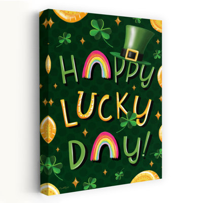Happy Lucky Day - Contemporary St Patricks Day Shamrocks Gold Coins Art
