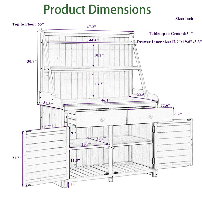 Table de rempotage d'extérieur avec grand espace de rangement, poste de travail en bois de sapin avec tablette de rangement, tiroir et armoire