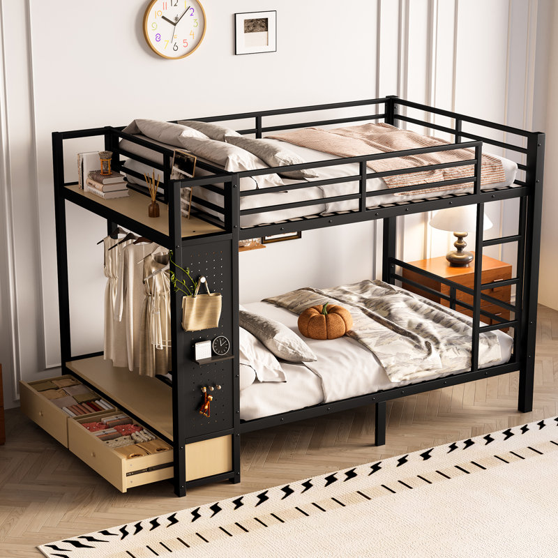 Lit superposé double au-dessus de double pour les adolescents avec tablettes de rangement, tiroirs et panneau perforé, noir
