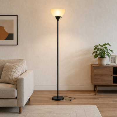 Black modern LED torchiere floor lamp with a white plastic shade, designed as a tall standing light for living rooms and dorms; bulb not included.