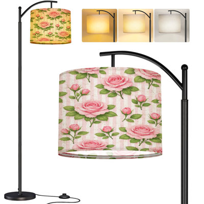  Arc Floor Lamp Seamless Pink Roses Green Leaves Striped Tall Modern Standing Lamp LED Adjustable Linen Lampshade 3 Color Temperatures