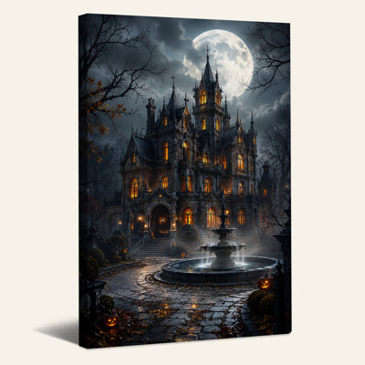 Art mural sur toile gothique manoir sous la pleine lune avec citrouilles