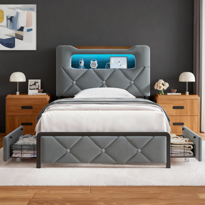 Twin Size Upholstered Bed with RGB LED Lights, Charging Station, Side Shelves & 2 Drawers