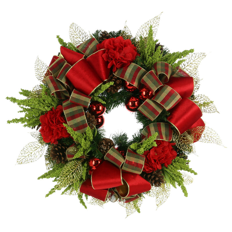 Couronne de Noël 26 "avec hortensias, bruyère, ornements et boucles de jiamei