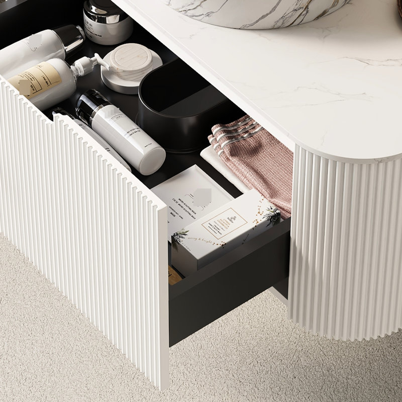 Meuble de salle de bain moderne suspendu de 61 cm (24 po), comptoir en pierre frittée blanche, un tiroir avec motif 3D de style français et fermeture amortie, sans bonde, robinet silencieux à panneau rayé