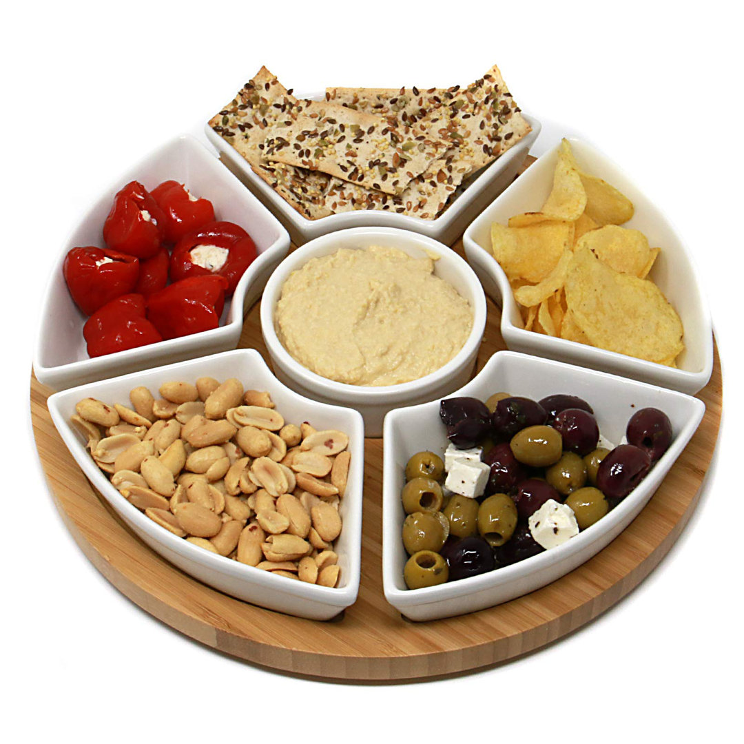 Bamboo Rotating Dip Set  Lazy Susan With 6 Ceramic Dishes   Serving Platters Snack Dishes With Turntable  Dips, Snacks Appetisers