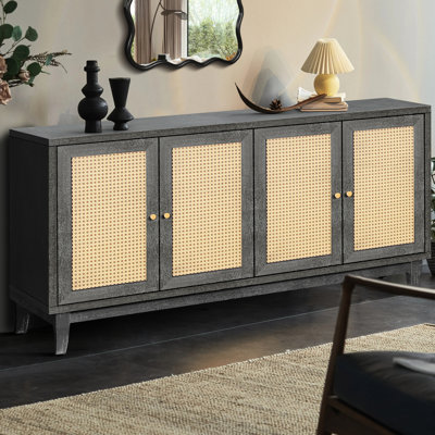 Handcrafted Sideboard With 4 Doors, Living Room Storage Adjustable Shelves, Antique Dark Gray Console Cabinet For Space, 4-door Console, Grain Panels,