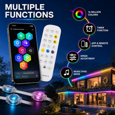 Éclairage extérieur permanent RGBCW IC pour avant-toit, étanche IP67, avec éclairage DEL intelligent pour toiture, blanc chaud 3000K et blanc froid 6000K, compatible avec Alexa et Google Assistant, application et télécommande, 16 millions de couleurs, 75 ambiances et synchronisation musicale.