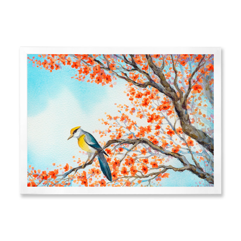 Magnifique oiseau orange sur une branche en fleurs - Peinture sur toile encadrée, H 24 po x l 32 po x P 1 po, Cadre blanc