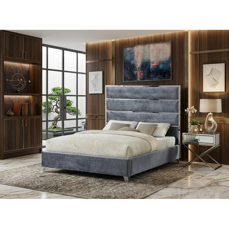 Grand lit plateforme Laura en velours gris Laura