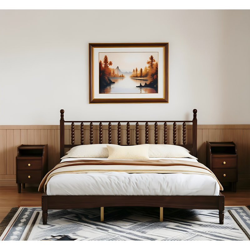 Ensemble de chambre à coucher 3 pièces, très grand lit en bois de style rétro et tables de chevet en bois massif avec plateau en verre trempé