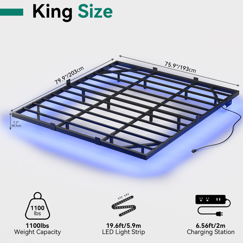 King Black Metal Floating Bed Frame with LED Lights and Charging Station