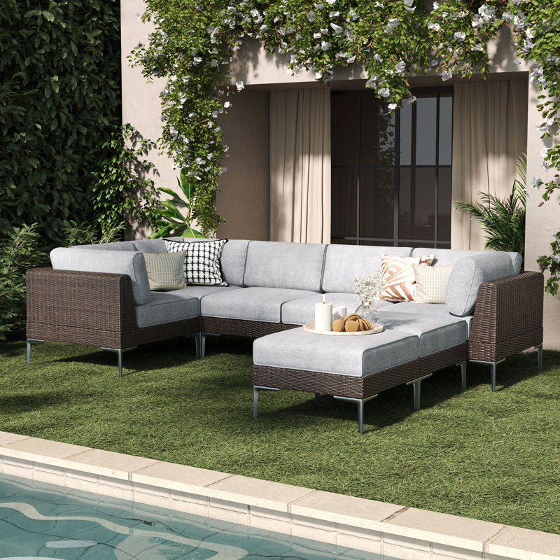 Layinsun 7-piece Wicker Rattan Patio Furniture Set, Deep Seating Outdoor Modular Sectional Sofa Conversation Set With Thick Cushions For Lawn, Garden
