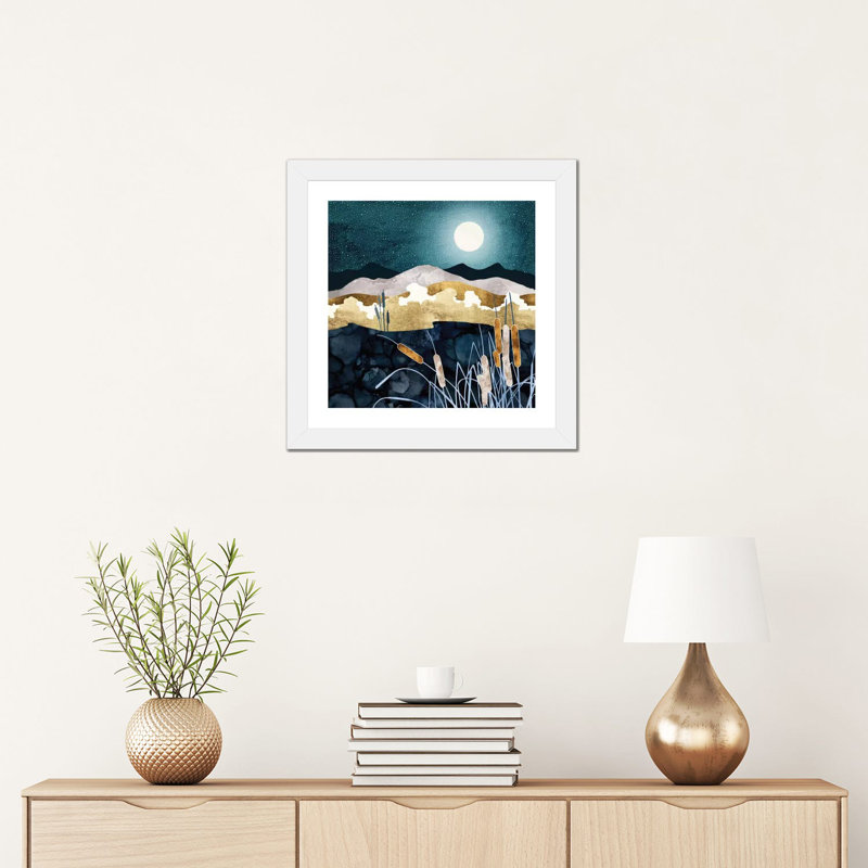 Summer Lake - impression d'art graphique, Blanc, H 16 po x l 16 po x p 1 po, Papier encadré blanc