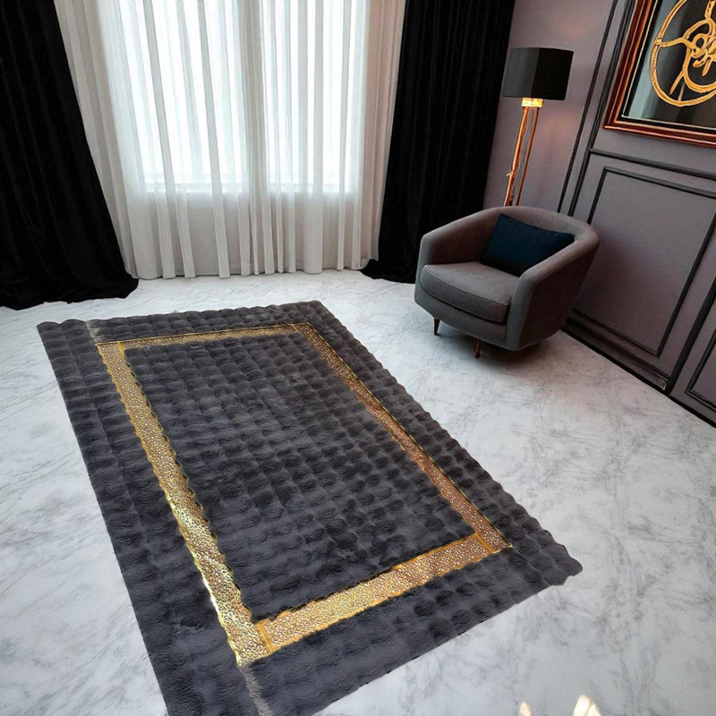 Tapis moderne gris foncé moelleux avec bordure dorée - élégant tapis en fausse fourrure pour salon, Rectangle 10 pi x 14 pi