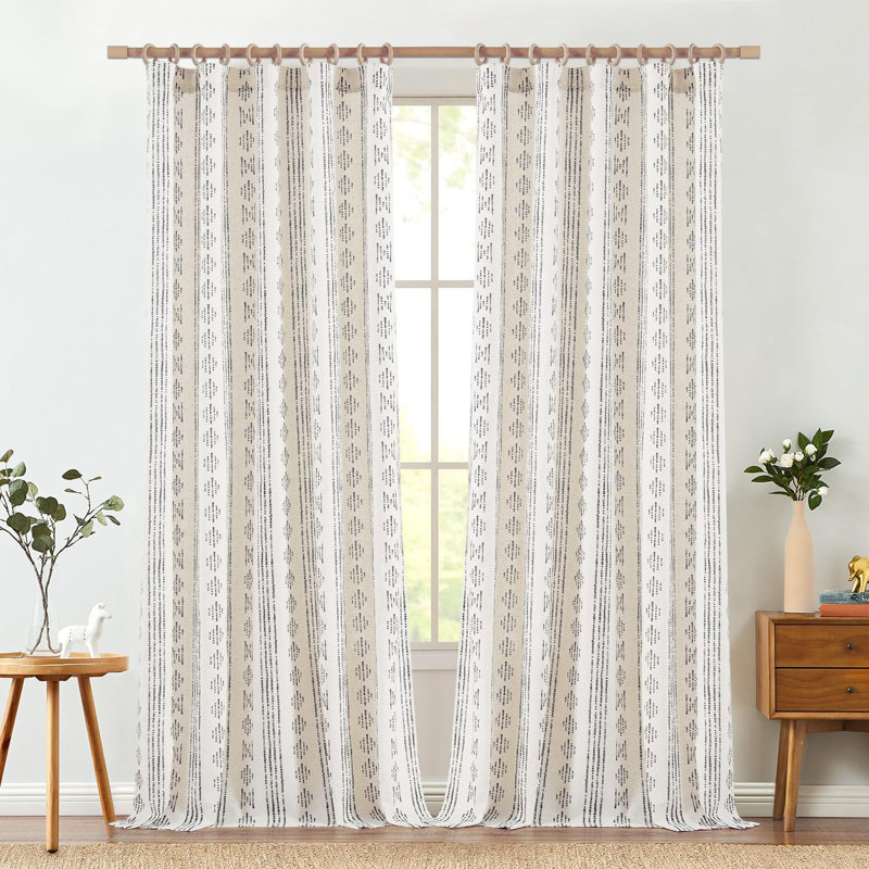 Linen Blend Semi-Sheer Rod Pocket Curtain Pair, Black on Flax, 52" W x 96" L