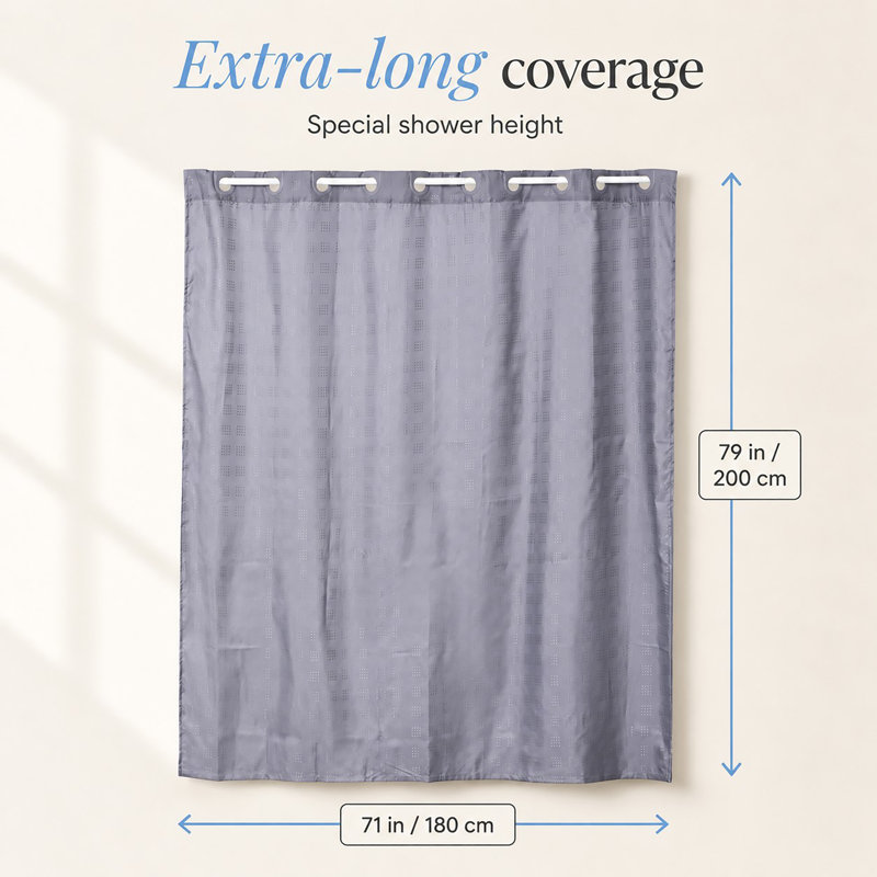Cubic Hookless Extra Long Shower Curtain Polyester, Gray