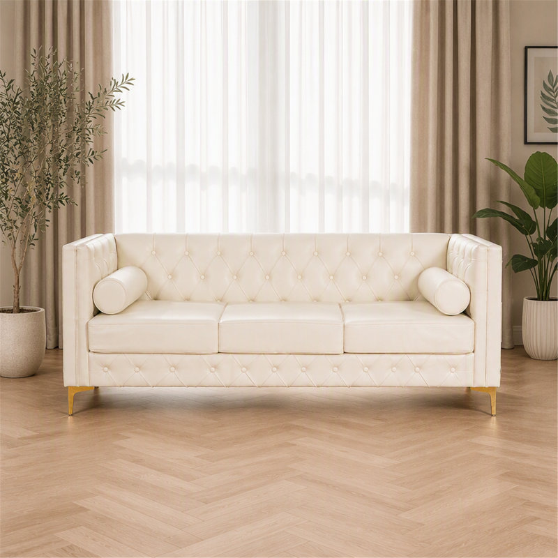 Canapé avec pieds en métal, canapé 3 places avec dossier capitonné, 2 traversins, Cream White Faux Leather