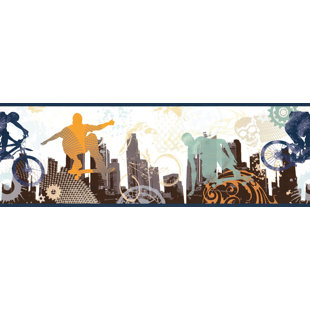 Prepasted Wallpaper Border - Sports Blue, Orange, Teal Bike, Skateboard Wall Border Retro Design, 15 Ft. X 8.25 In.