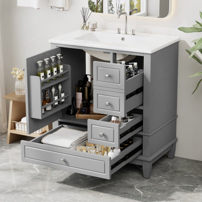 Bathroom Vanity With Sink, One Door With Shelf And Multiple Drawers, Soft Close Function, Ideal For Bathroom Storage And Organization
