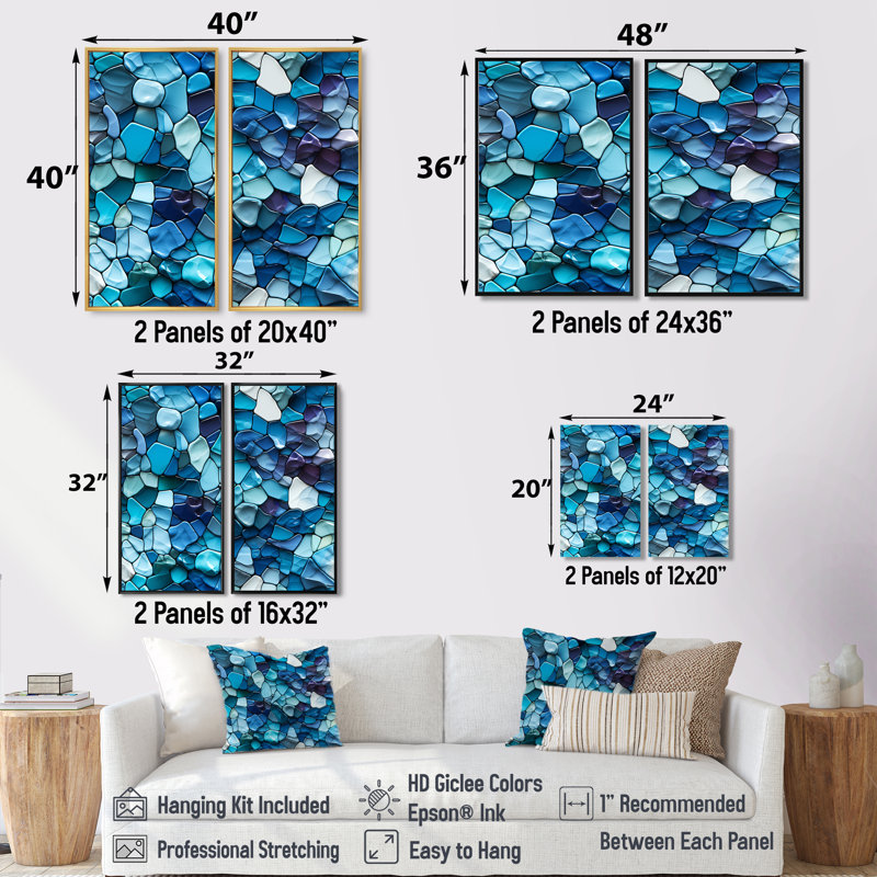 Océan bleu mosaïque turquoise - art mural tropical 2 pièces, H 40 po x l 40 po, Ne s’applique pas, Toile tendue sur cadre