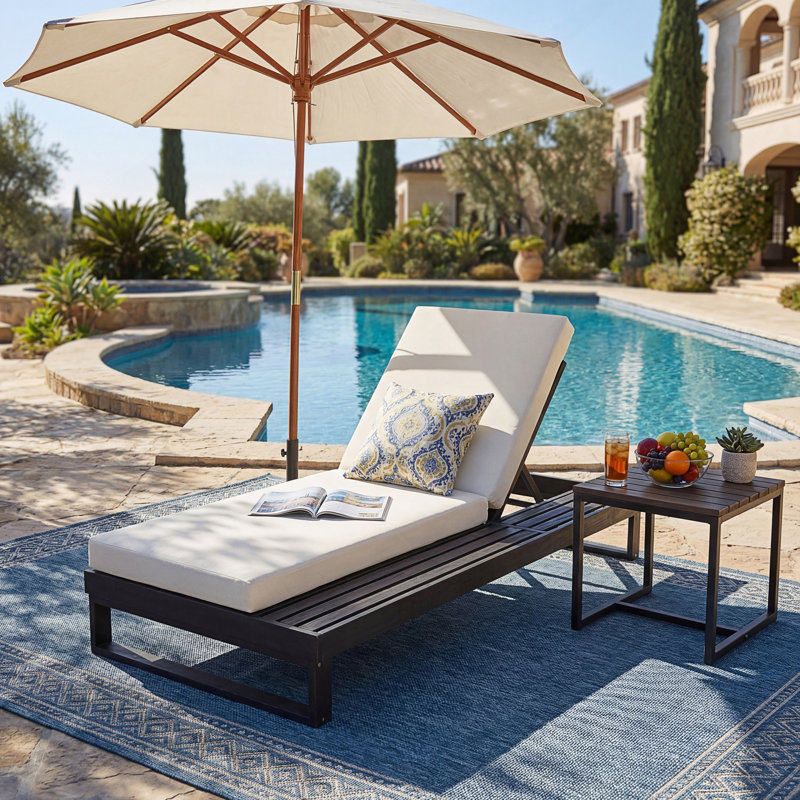 Chaise longue avec coussin 4 plis 2 fois, chaise longue d'extérieur réglable à 4 positions avec surface latérale plate