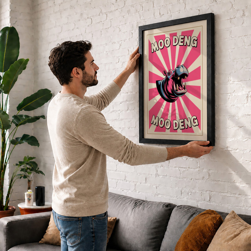 Moo Deng Roar Retro - Framed Print, Oak, A3 - 42.0 x 29.7 cm