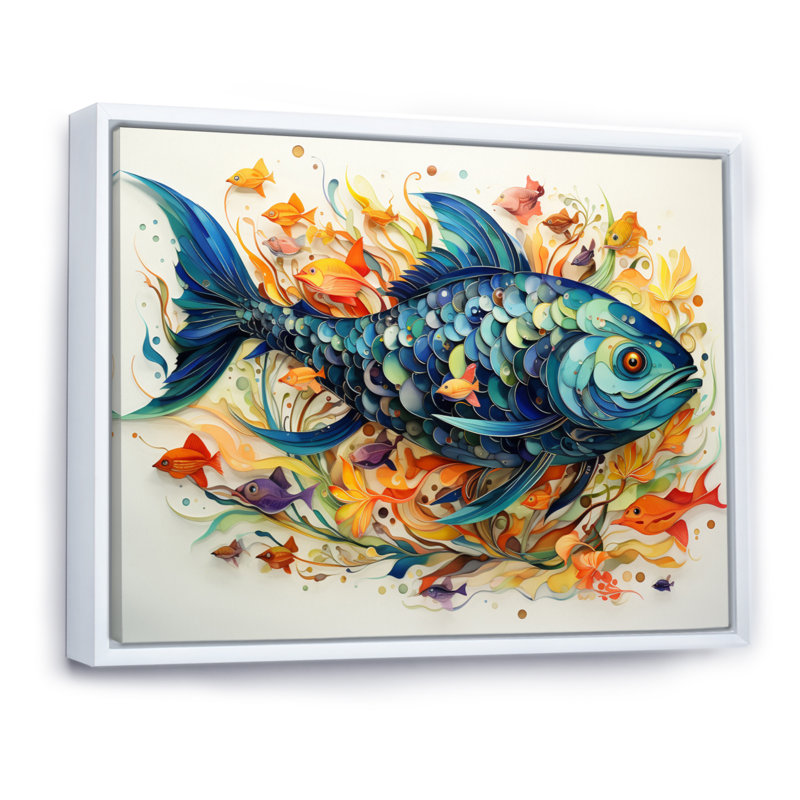 Pêche à la baleine de couleurs III - impression, Cadre flottant blanc, H 34 po x l 44 po x P 1,5 po