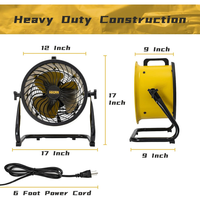 10 po Ventilateur de plancher turbo haute vitesse 3 vitesses robuste en jaune avec puissant moteur 1/12 HP