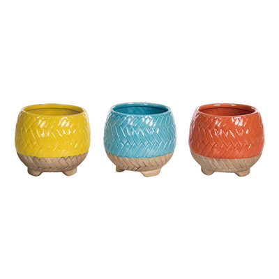 Dolomite Colorful Basket Weave Planter, Planter Pots, Yellow, Ceramic, Set of 3, Spring, Garden