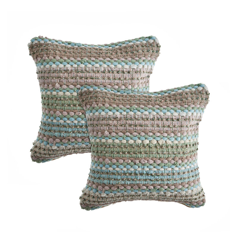 Green and Blue Textured Cotton Blend Square Throw Pillow Set