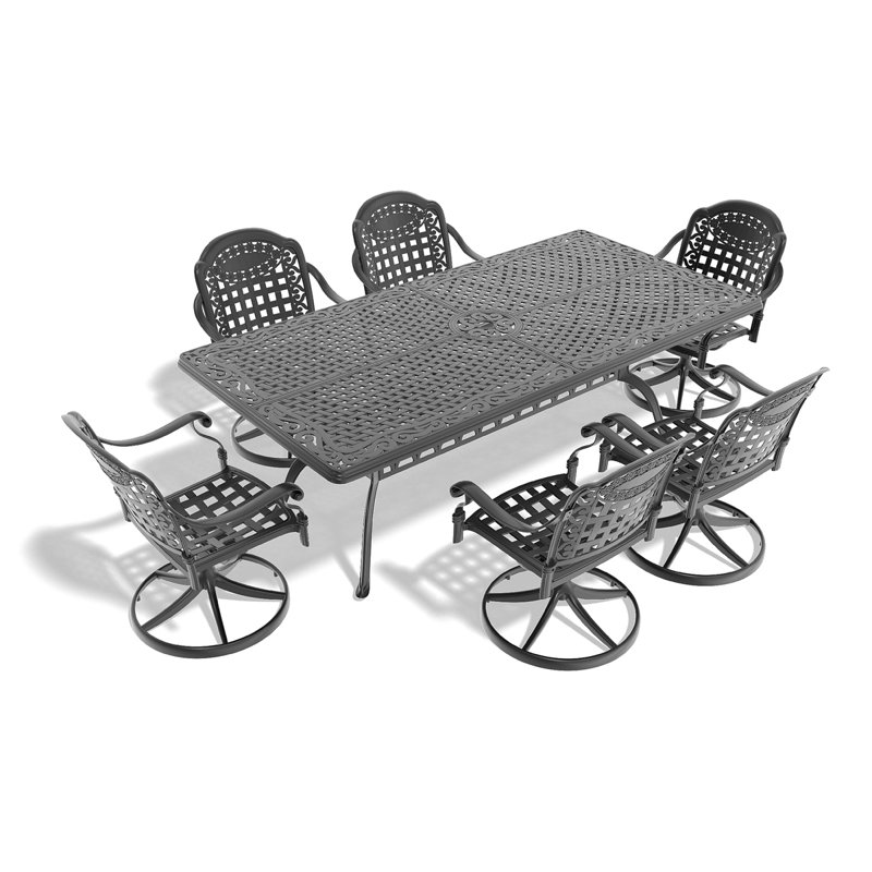 Ensemble de salle à manger 7 pièces en fonte d'aluminium toutes saisons, comprenant 6 chaises pivotantes et une table rectangulaire avec cadre noir