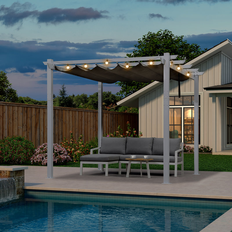 Pergola en aluminium avec auvent, L 10 pi x 10 pi, Gris, Blanc