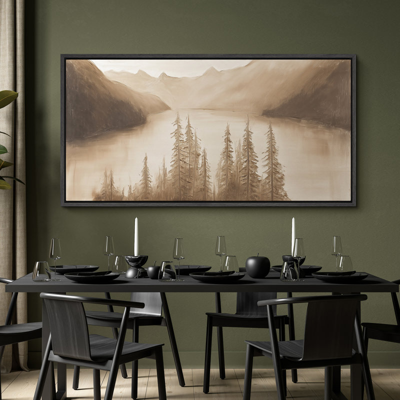 «Sepia Mountain Lake Landscape with Pine Trees - Large Art encadré sur toile, chambre principale, Noir