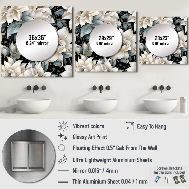 Motif de fleurs exotiques grises et blanches - Miroir floral carré pour décoration murale, 36 po x 36 po