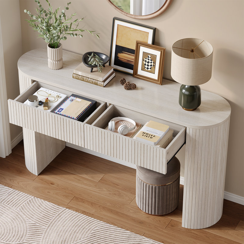 55'' Tambour Console Table With Oval Tabletop For Living Room Hallway Foyer Entrance Study, White