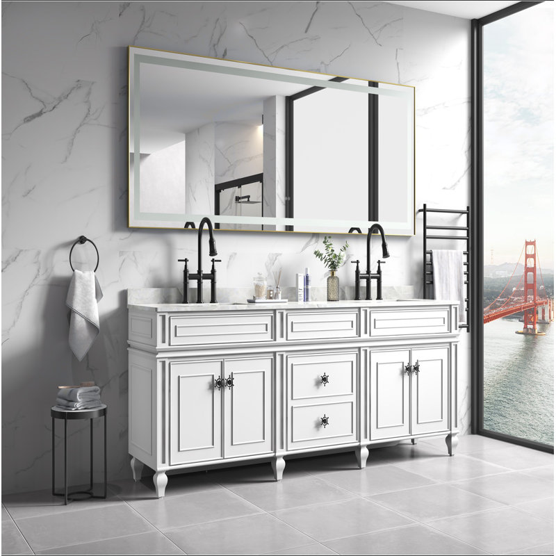Miroir de salle de bain 118 "x 36" à DEL avec cadre en aluminium, miroir de meuble-lavabo mural, anti-buée, mémoire, 3 couleurs, réglable en continu