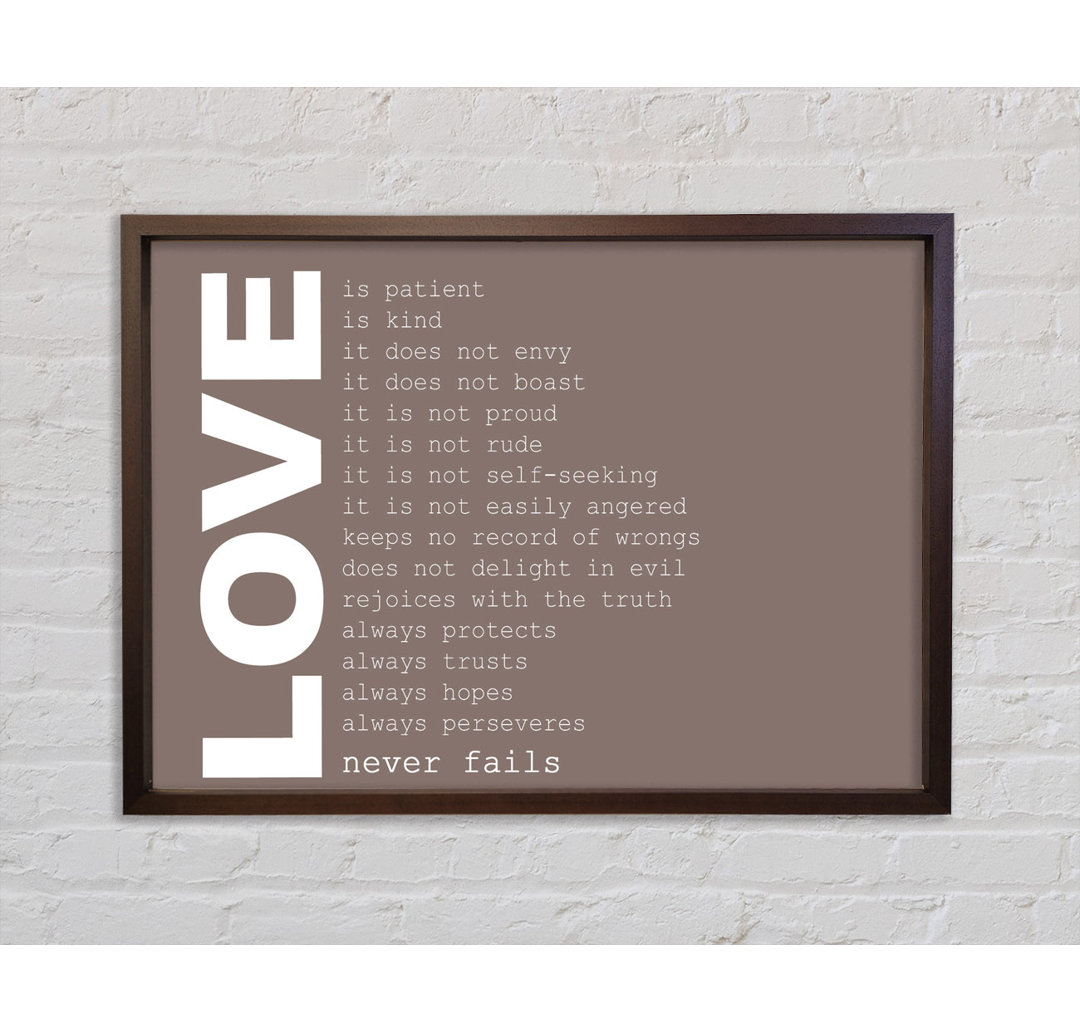 Love Quote Love Never Fails Beige - Single Picture Frame Typography on Canvas