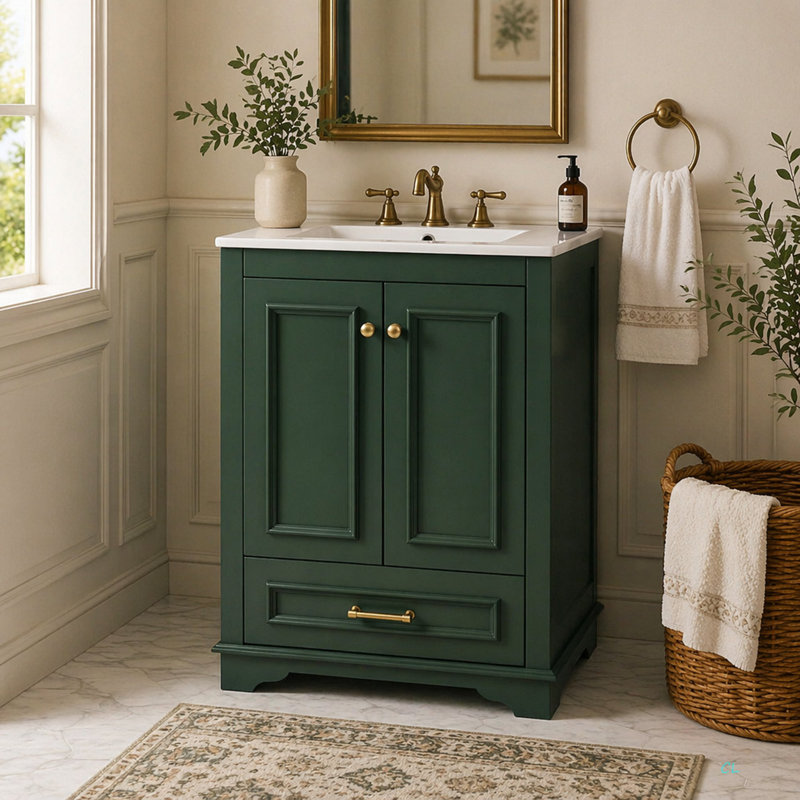 Meuble-lavabo 24 po avec lavabo en céramique, armoire de rangement autoportante moderne avec poignées, portes à fermeture douce