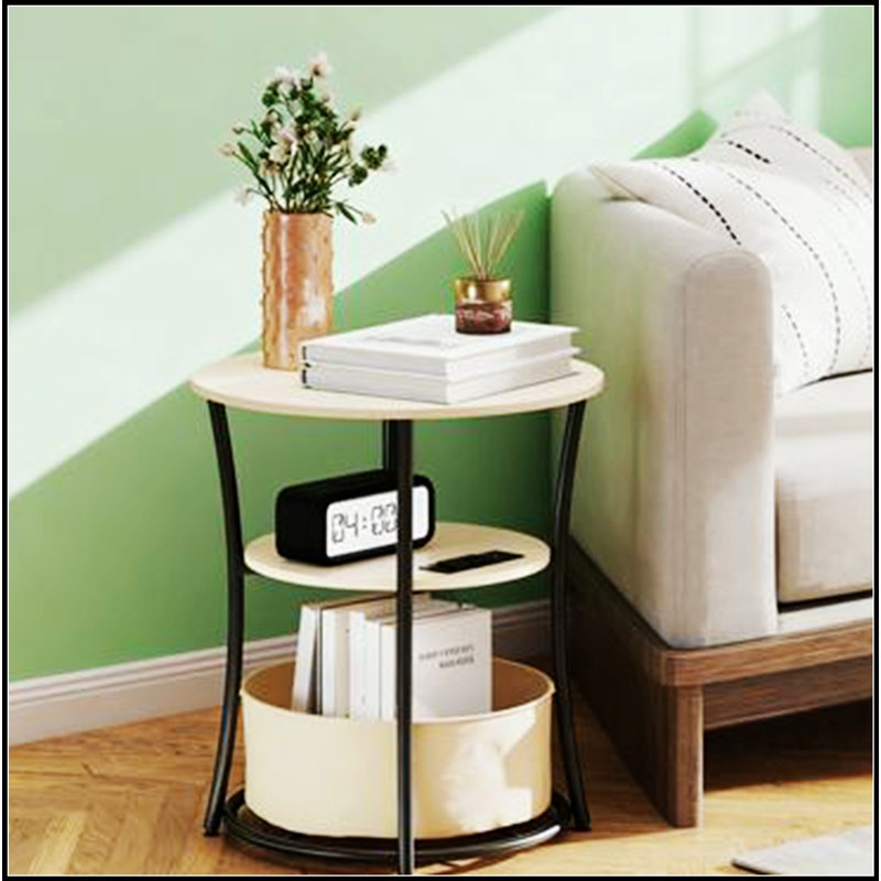Table basse Table d'appoint ronde avec station de charge, table de bout à 3 niveaux avec sac de rangement en tissu et tablette