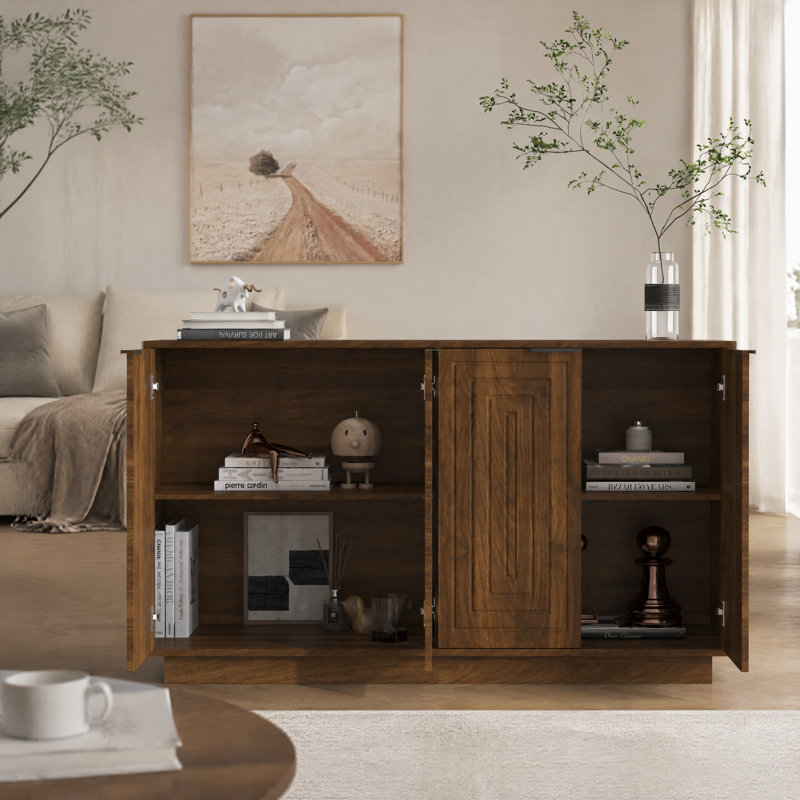 Buffet moderne avec rangement, grand buffet cannelé avec tablettes réglables, crédence, console d'appoint, 55.1, Brun