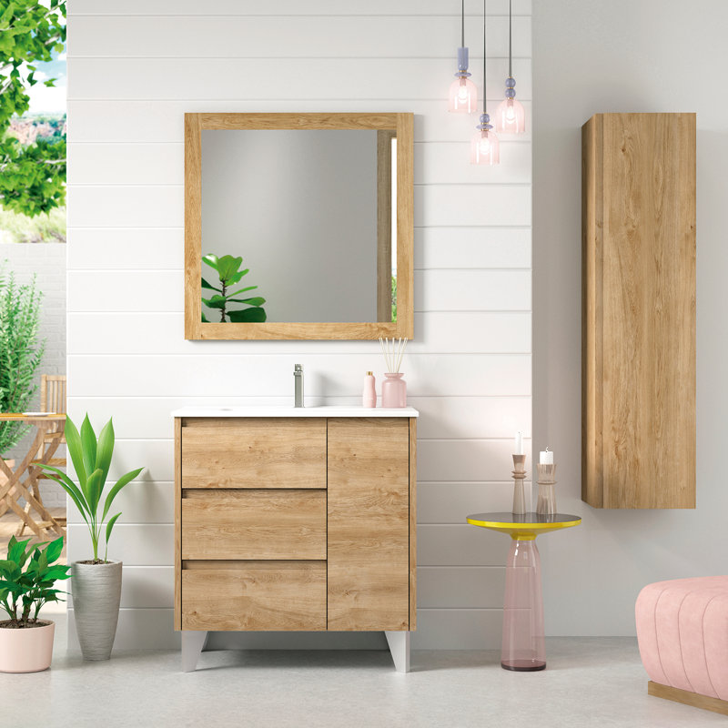 Lila 28.0" Freestanding Single Bathroom Vanity with Ceramic Top, Natural Oak, 28"