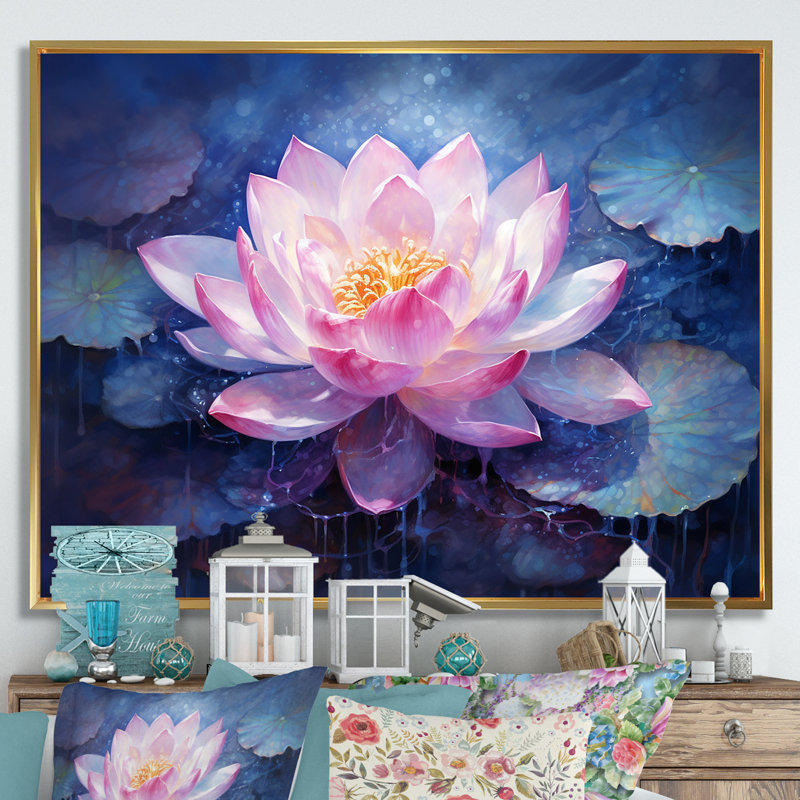 Lotus luminescence sur toile, Cadre flottant doré, H 12 po x l 20 po x P 1 po